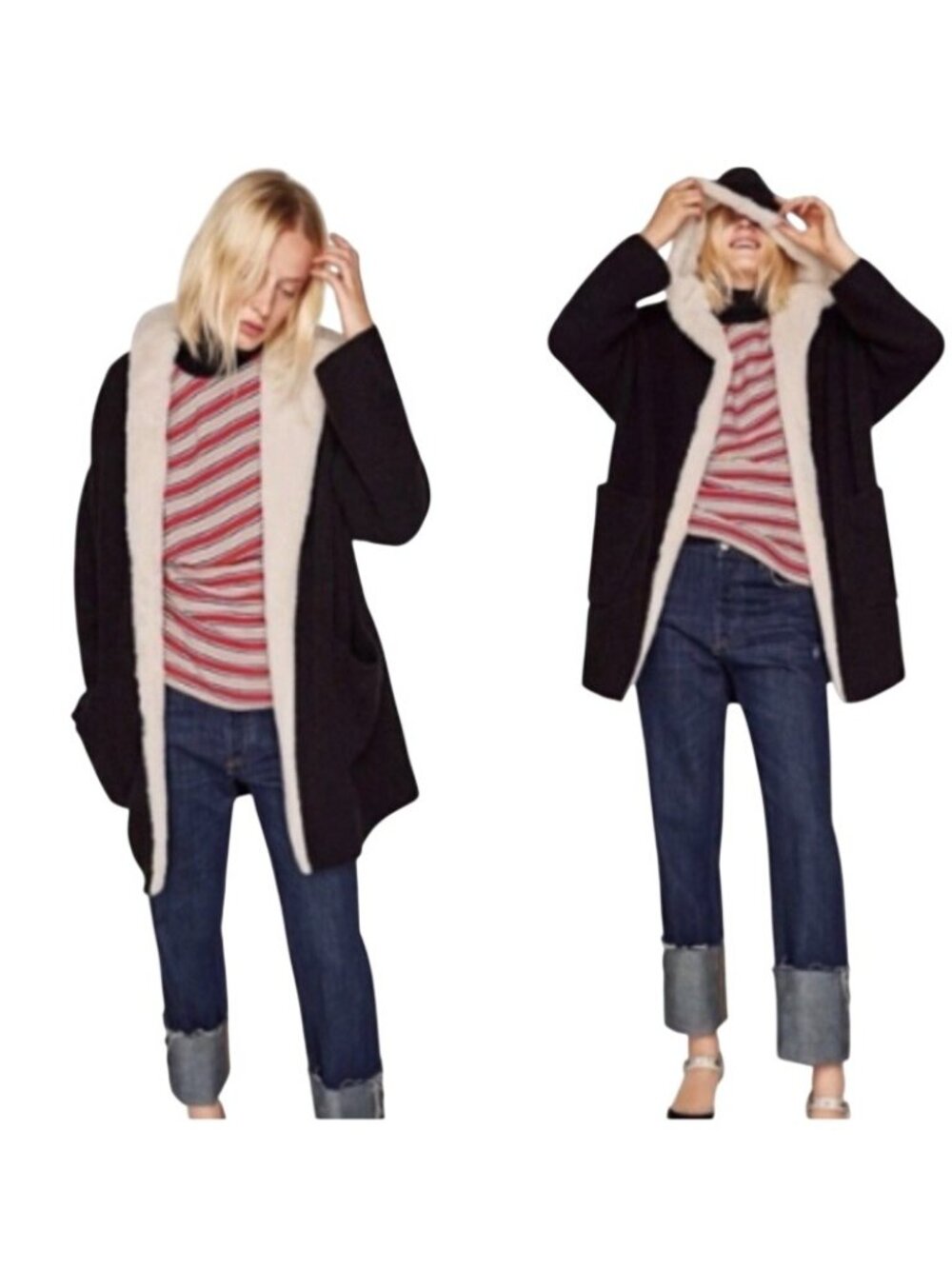 Zara Faux-Shearling Lined Hooded Open Front Cardigan Womens Medium Oversized NWT